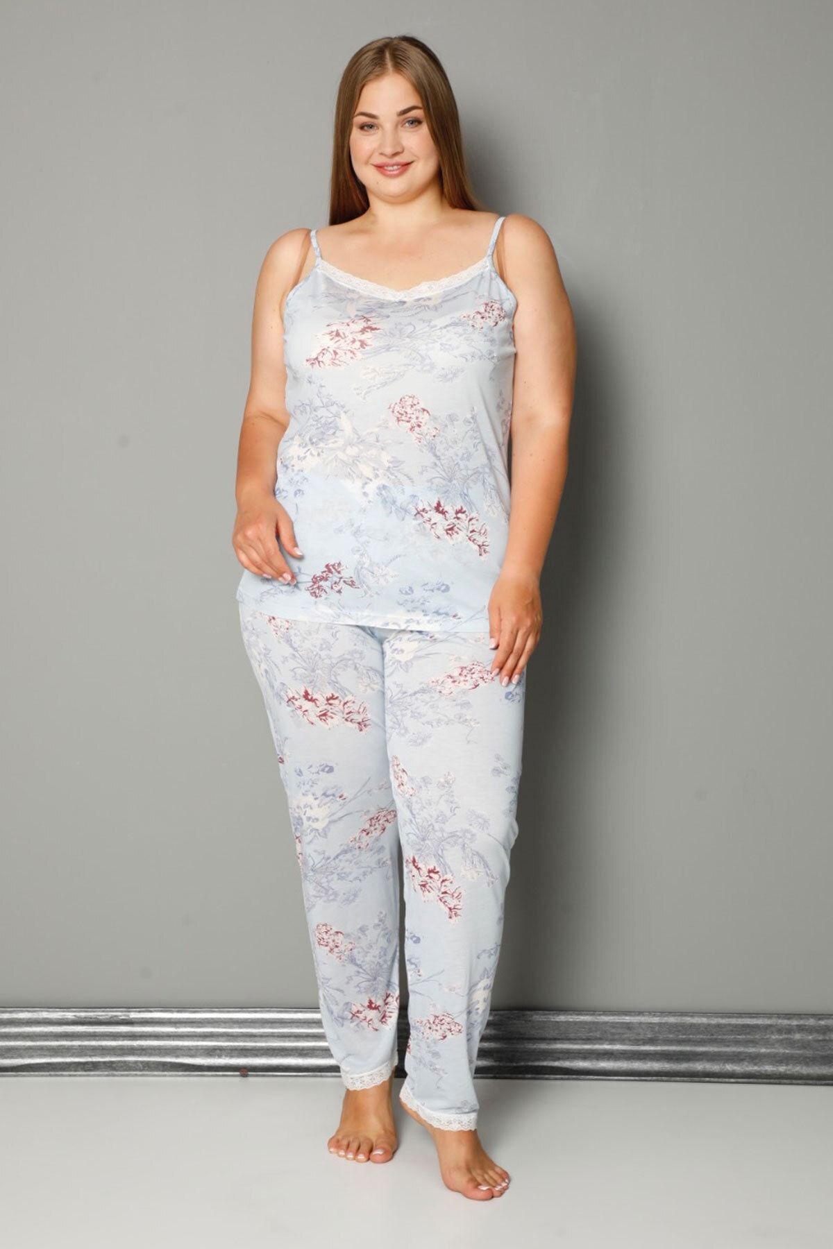 nisnight Kadın Mavi Çiçek Desenli Ip Askılı Örme Büyük Beden Battal Pijama Takımı