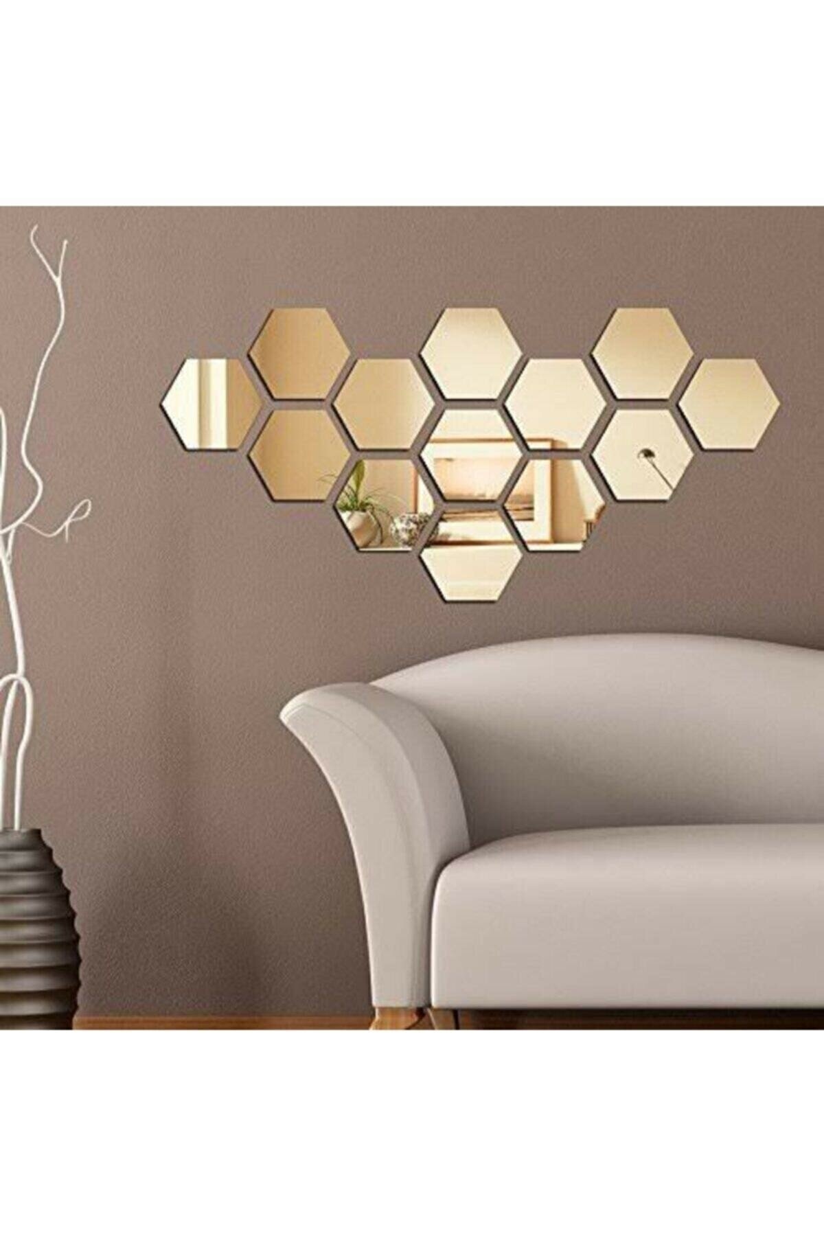 GÜNEŞ LAZER Bal Peteği Ev Ve Ofis Dekorasyon Gold Dekoratif Altıgen Duvar Süsü Akrilik Ayna 18cmx19 Cm 12 Adet