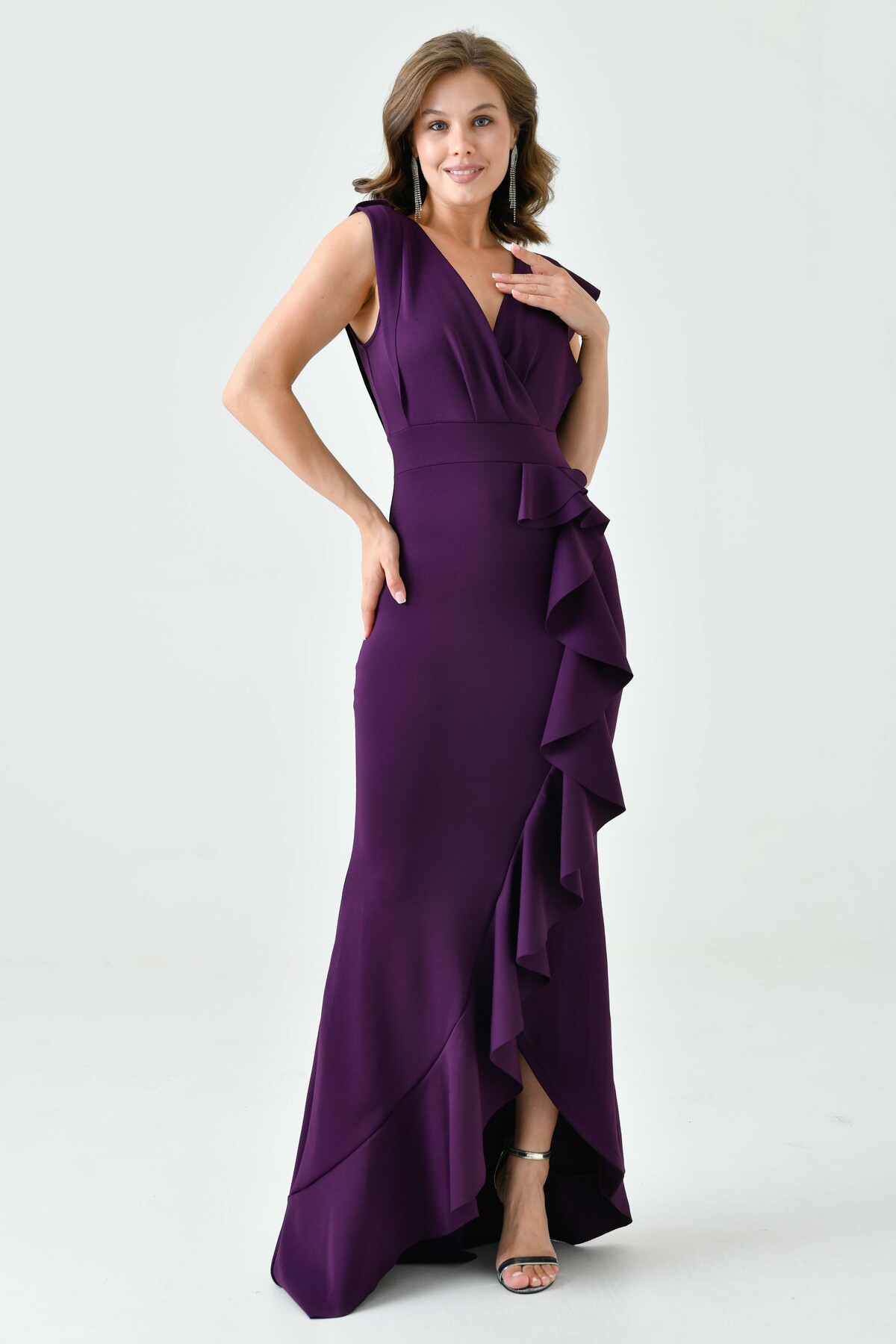 لباس شب ماکسی آلو بلند طرح یقه دو سینه با پارچه فلکسیبل فلکسیبل 582443