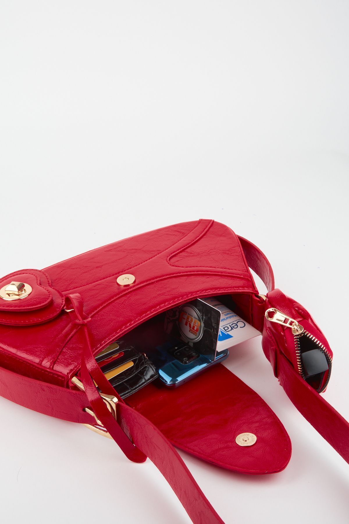 کیف پول باگت قرمز زنانه طرح چرم مصنوعی با بسته شدن کیف دست و شانه