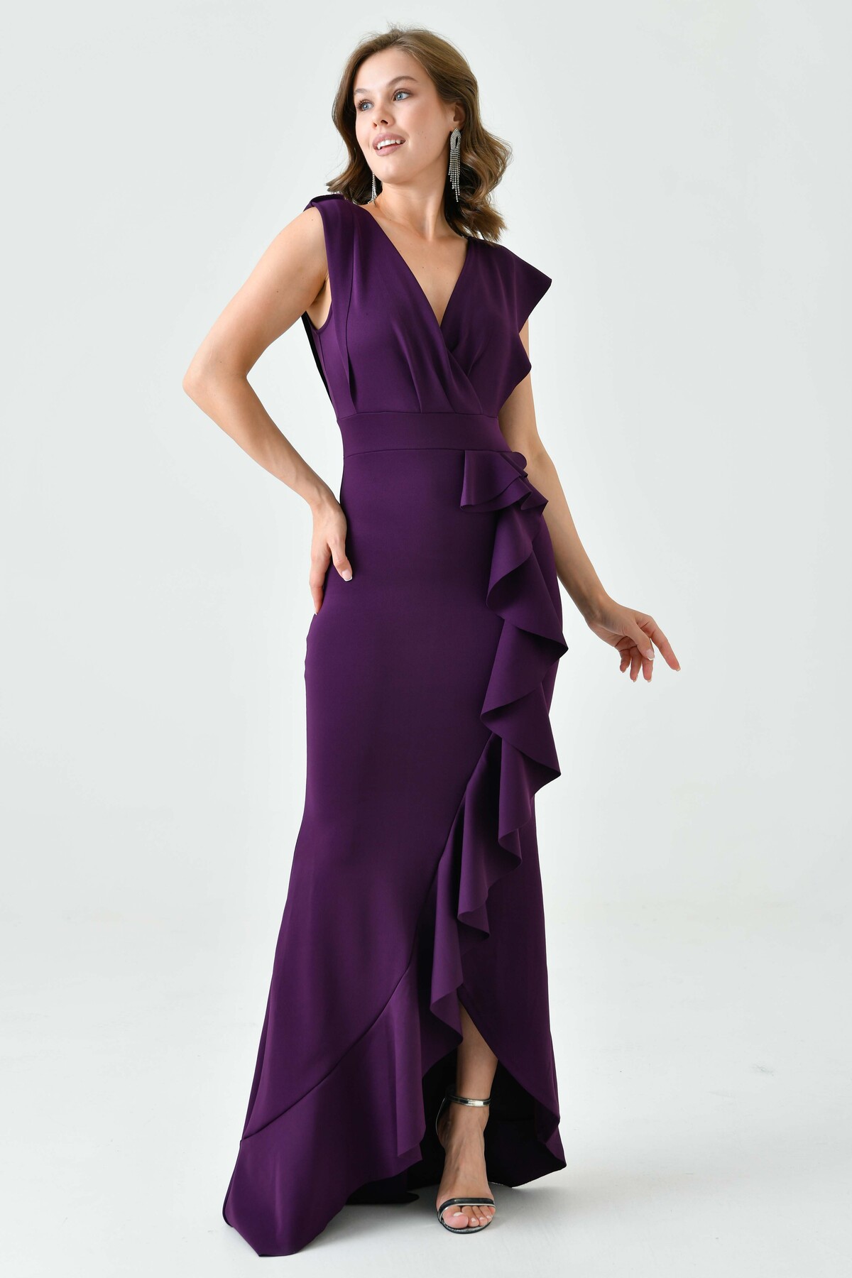 لباس شب ماکسی آلو بلند طرح یقه دو سینه با پارچه فلکسیبل فلکسیبل 582443