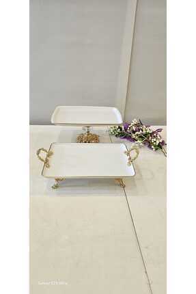 4 PARÇA DÖKÜM AYAKLI PORSELEN SUNUM SETİ GOLD Image 1