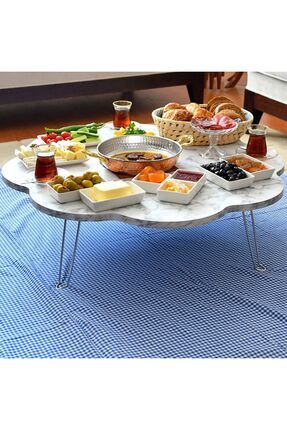 90 Cm Beyaz Mermer Desenli Ahşap Katlanabilir Papatya Yer Sofrası, Yer Masası, Yemek Masası Image 0