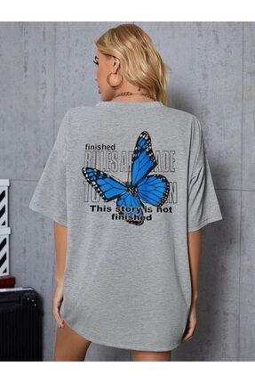 Ark Moda Kadın Gri Mavi Kelebek Baskılı Tshirt Image 0