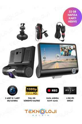 Araç İçi Kamera 4'' Ekran 3 Kameralı 170° Geniş Açı 1080p G-Sensör Gece Görüşlü 32GB SD KART Image 0