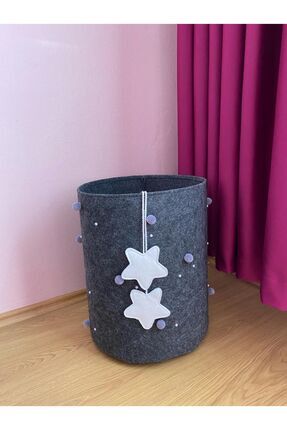 Ponpon Detaylı Keçe Oyuncak Sepeti Gri Sepet Büyük Boy 60*40cm Image 0