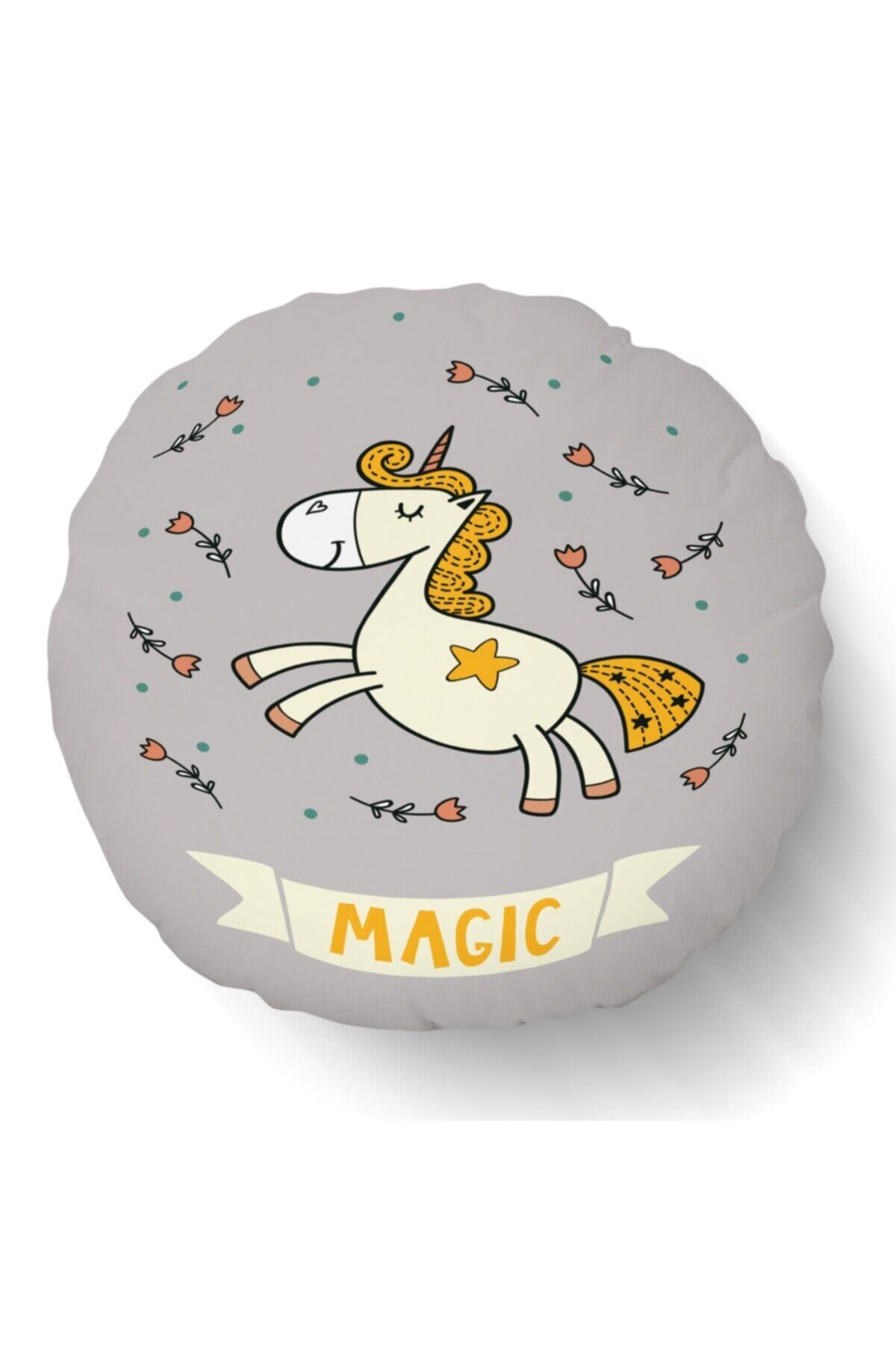 Else Halı Else Gri Sarı Iskandinav Unicorn Desenli Uyku Arkadaşı Çocuk Yuvarlak Dolgulu Kırlent Yastık