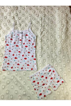 Kız Çocuk Beyaz Likralı Desenli İp Askılı Atlet Boxer İkili Takım Image 0