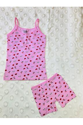 Kız Çocuk Pembe Likralı Desenli İp Askılı Atlet Boxer İkili Takım Image 0