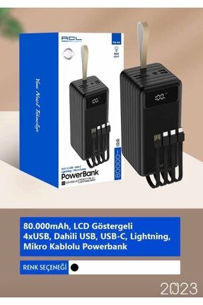 80.000 mAH LCD Göstergeli Kamp Işıklı Kablolu Powerbank Image 0