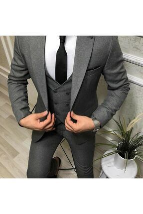 Slim Fit Dar Kesim Düz Renk Yelekli Takım Elbise Image 0