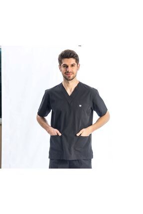 DOKTOR HEMŞİRE DİŞ HEKİMİ SAĞLIKÇI NÖBET V YAKA FORMA ÜST CEKET SİYAH ERKEK Image 0