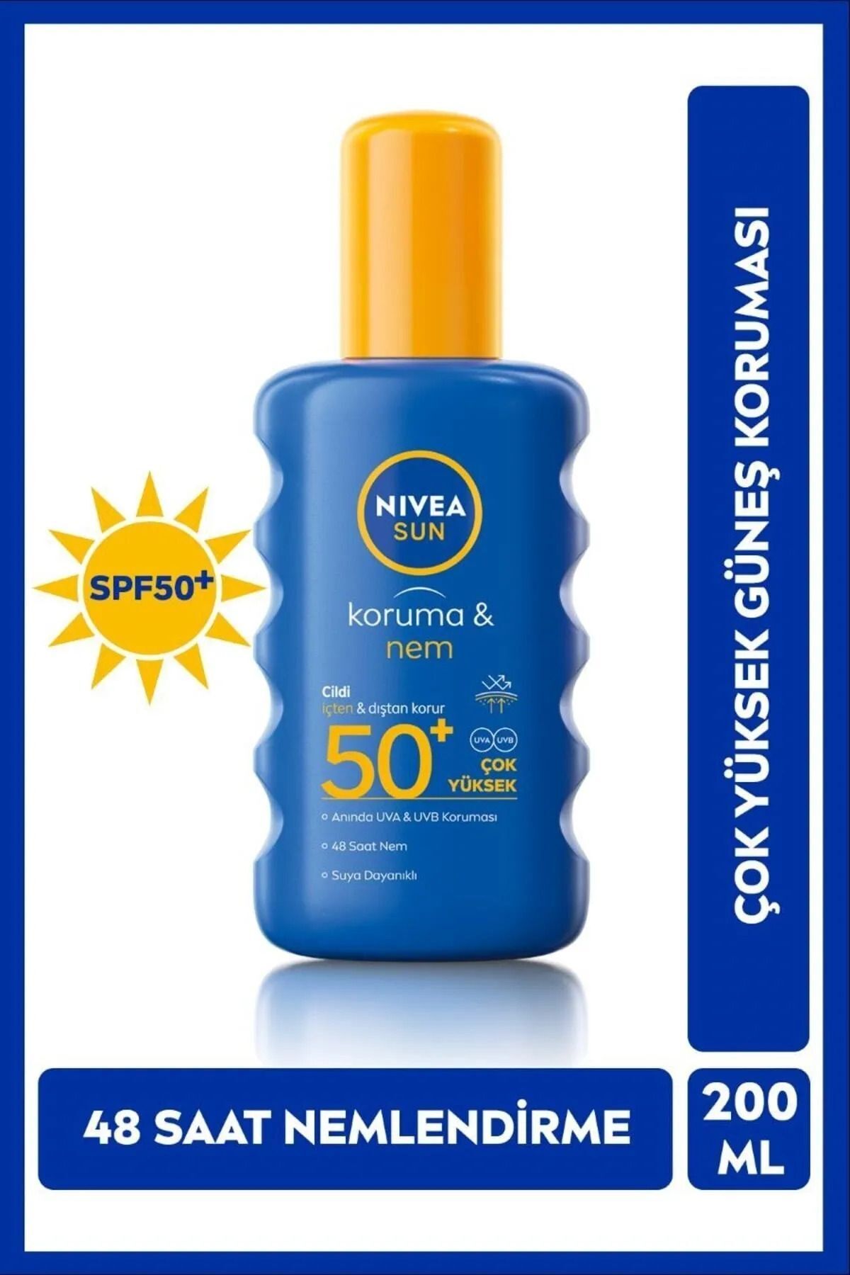 NIVEA Sun Güneş Koruyucu 200ml, SPF50, Nemlendirici, UVA/UVB Koruması, Suya Dayanıklı