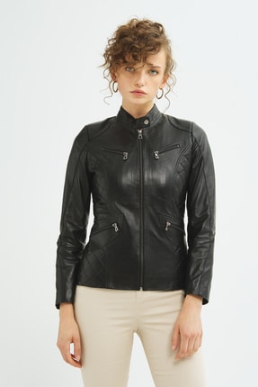 Kadın Siyah Hakiki Deri Mont Image 1