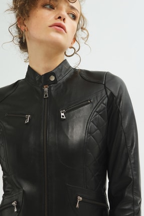 Kadın Siyah Hakiki Deri Mont Image 3