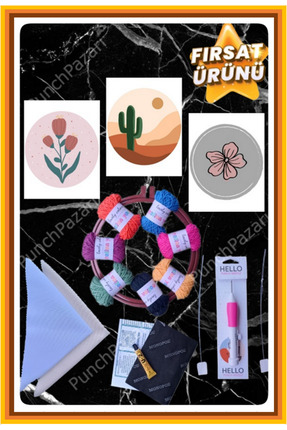 Punch Deneme Seti 7 Ip Ilk Deneme Punch Nakış Seti Kiti Hobi Punch Nakışlı Kırlent Seti Set Kit Image 0