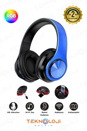 Kablosuz Kulaklık Bluetooth Mikrofonlu Kulaküstü Kulaklık Led Işıklı Katlanabilir SİYAH-MAVİ Image 0