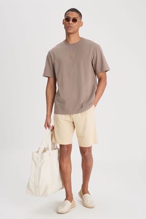 Loose Fit Rahat Kesim Bisiklet Yaka %100 Pamuk Taş Rengi Tişört Image 0