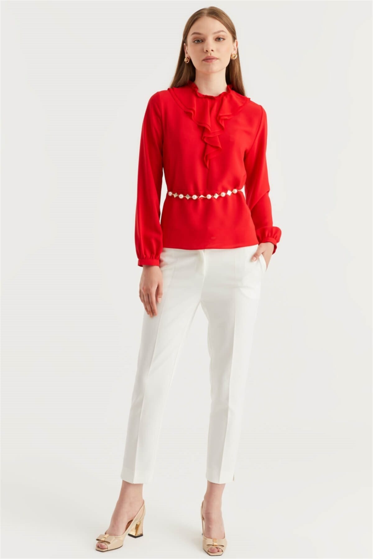 Zühre Volan Yakalı Kırmızı Bluz B-0070