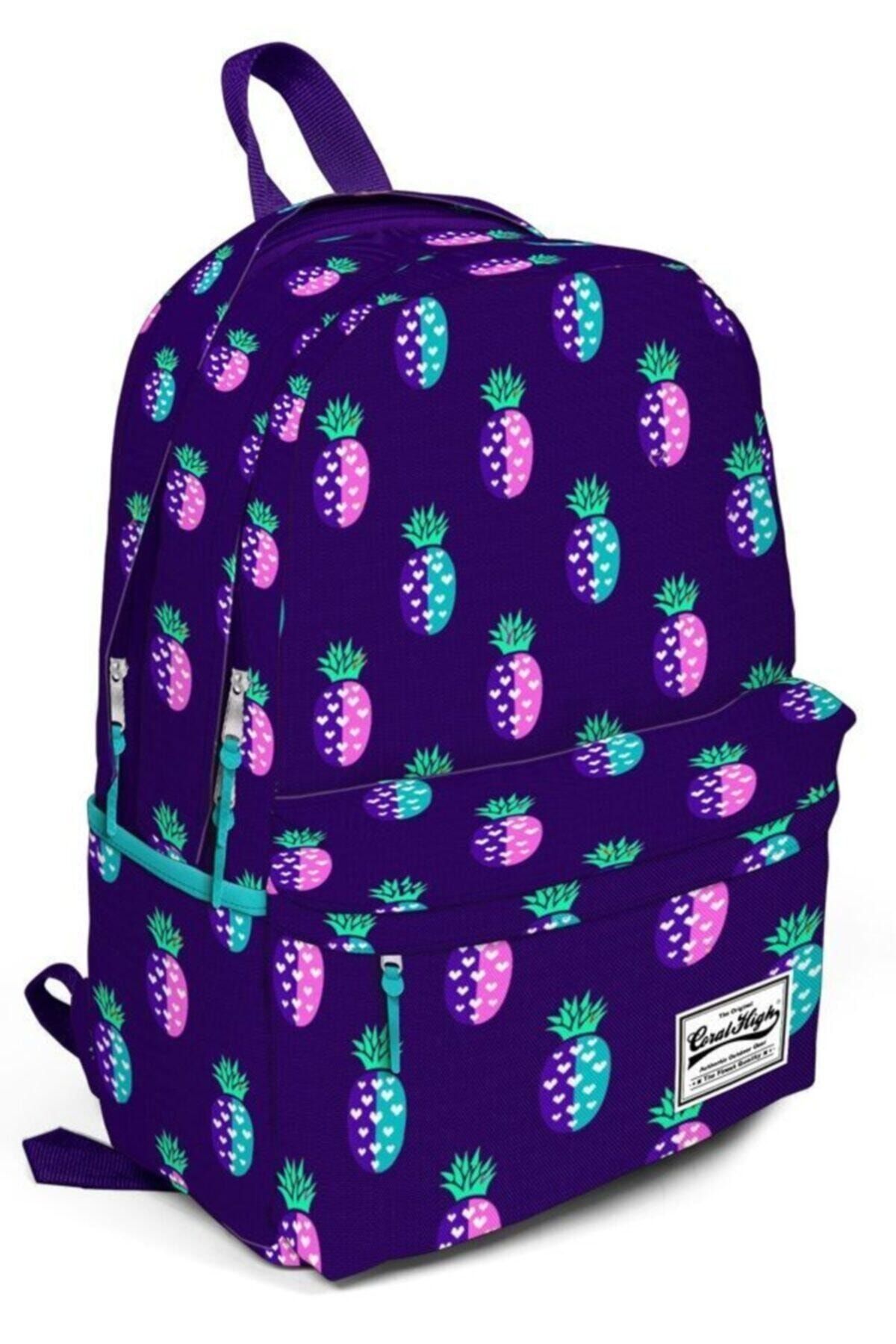 Yaygan Çanta Coral High Üç Gözlü Mor Ananas Desenli Okul Ve Günlük Sırt Çantası - 15,6 Inc Laptop Bölmeli