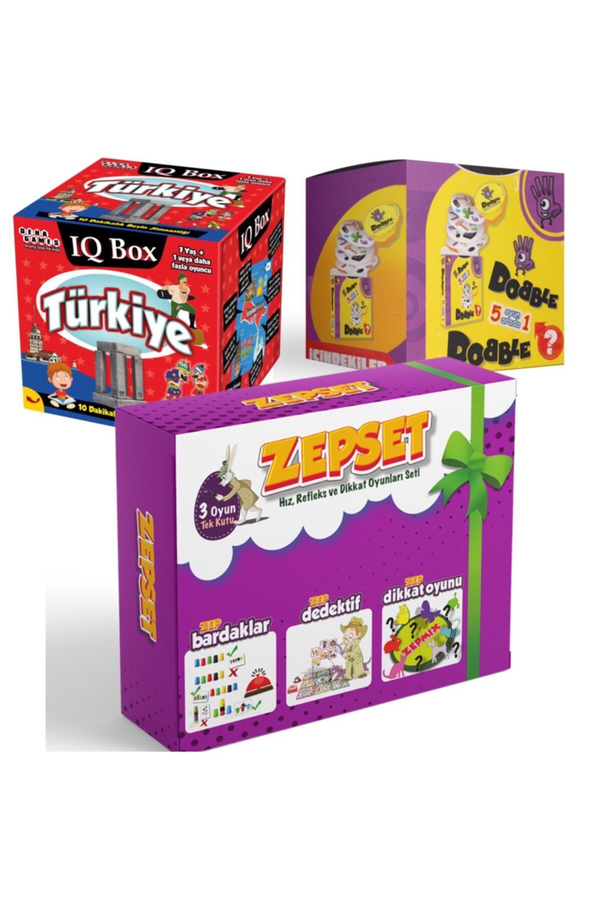 ALFA ZEKA Üçlü Zeka Ve Eğlence Seti, Dobble, Uno, Zepset, Dedektif Oyunu, Bardak Oyunu, Zepmix Dikkat Oyunu