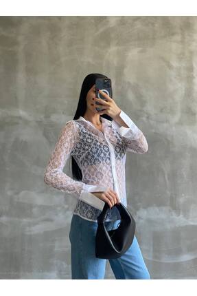 Kadın Transparan Dantelli Kalın Manşet Klasik Gömlek Image 1