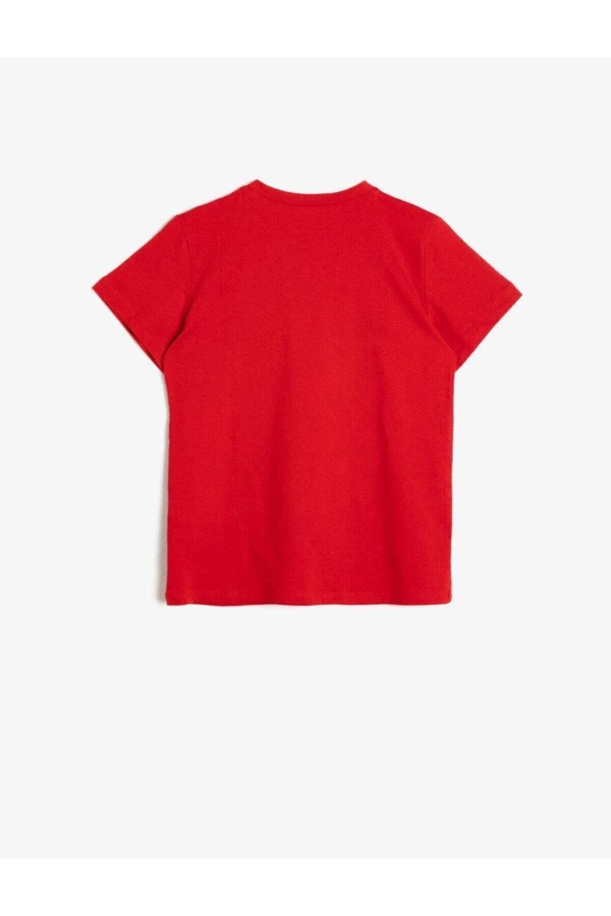 Erkek Çocuk Kırmızı Baskılı Pamuklu Kisa Kollu Bisiklet Yaka T-Shirt