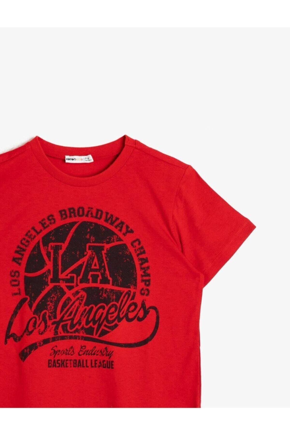 Erkek Çocuk Kırmızı Baskılı Pamuklu Kisa Kollu Bisiklet Yaka T-Shirt