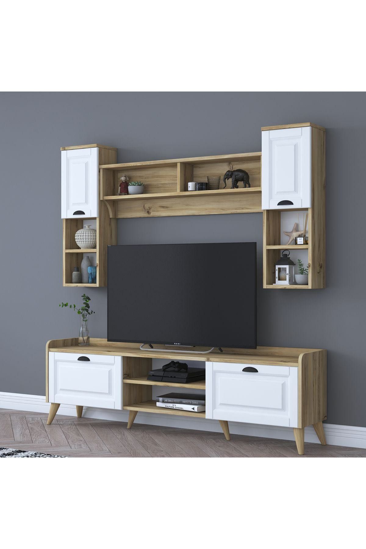 Rani Mobilya Rani Aa101 Duvar Raflı Kitaplıklı Modern Tv Ünitesi Tv Sehpası Beyaz Keçe Ceviz M2