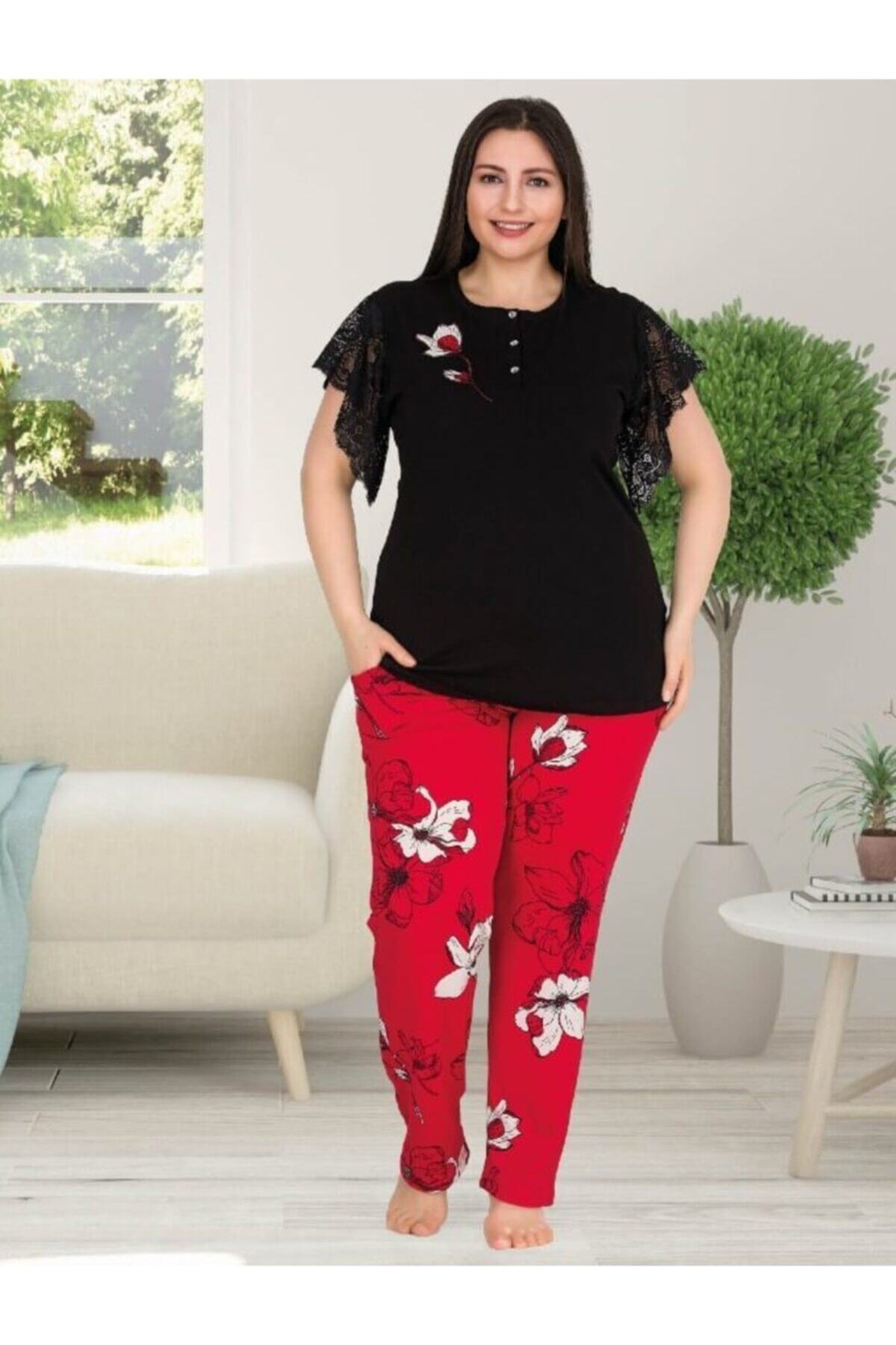 by HW Kadın Kırmızı Siyah Dantel Kollu Büyük Beden Pijama Takım