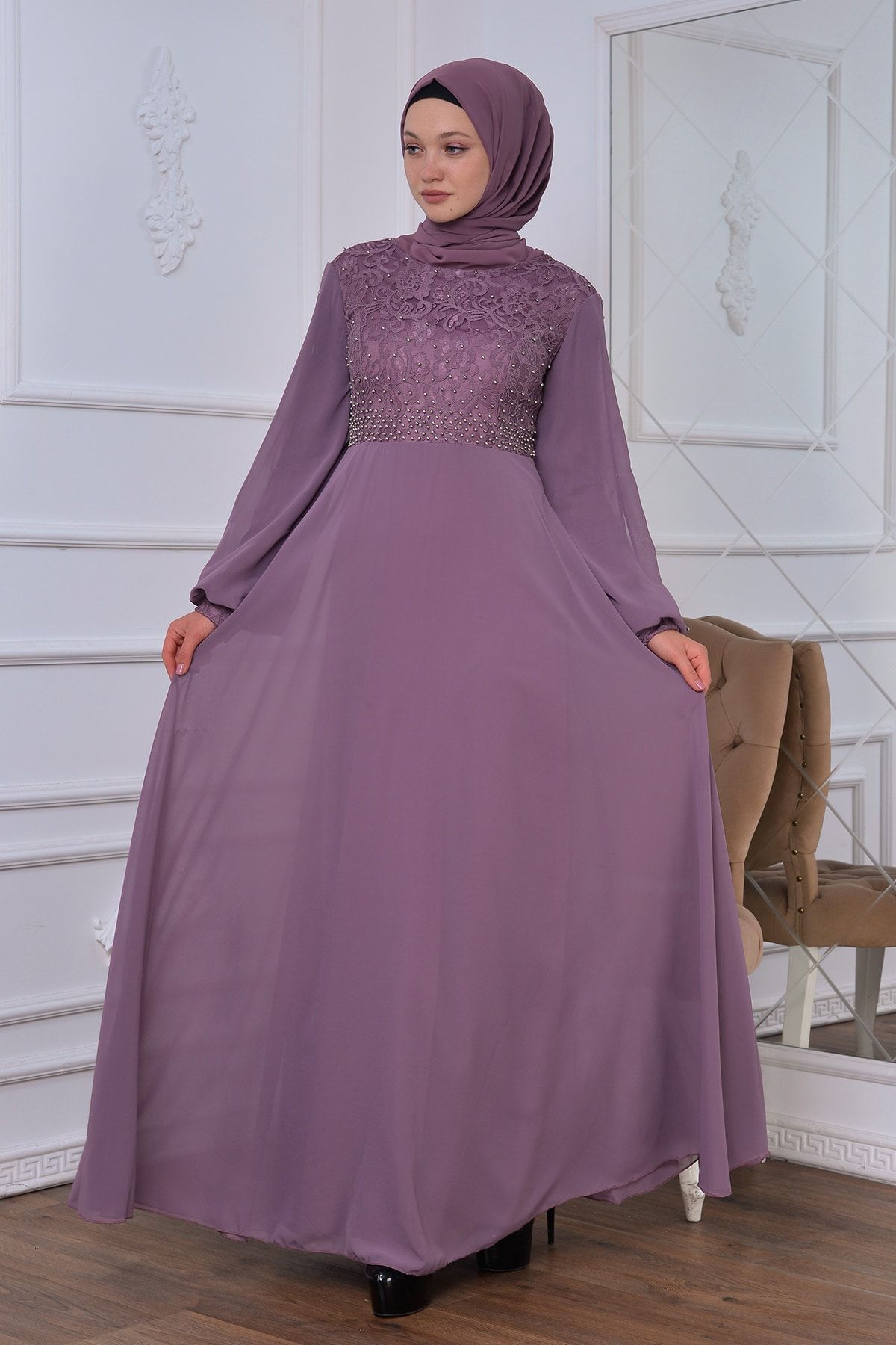 poplinmoda Dantelli Lila Tesettür Abiye Elbise Ppn2150060
