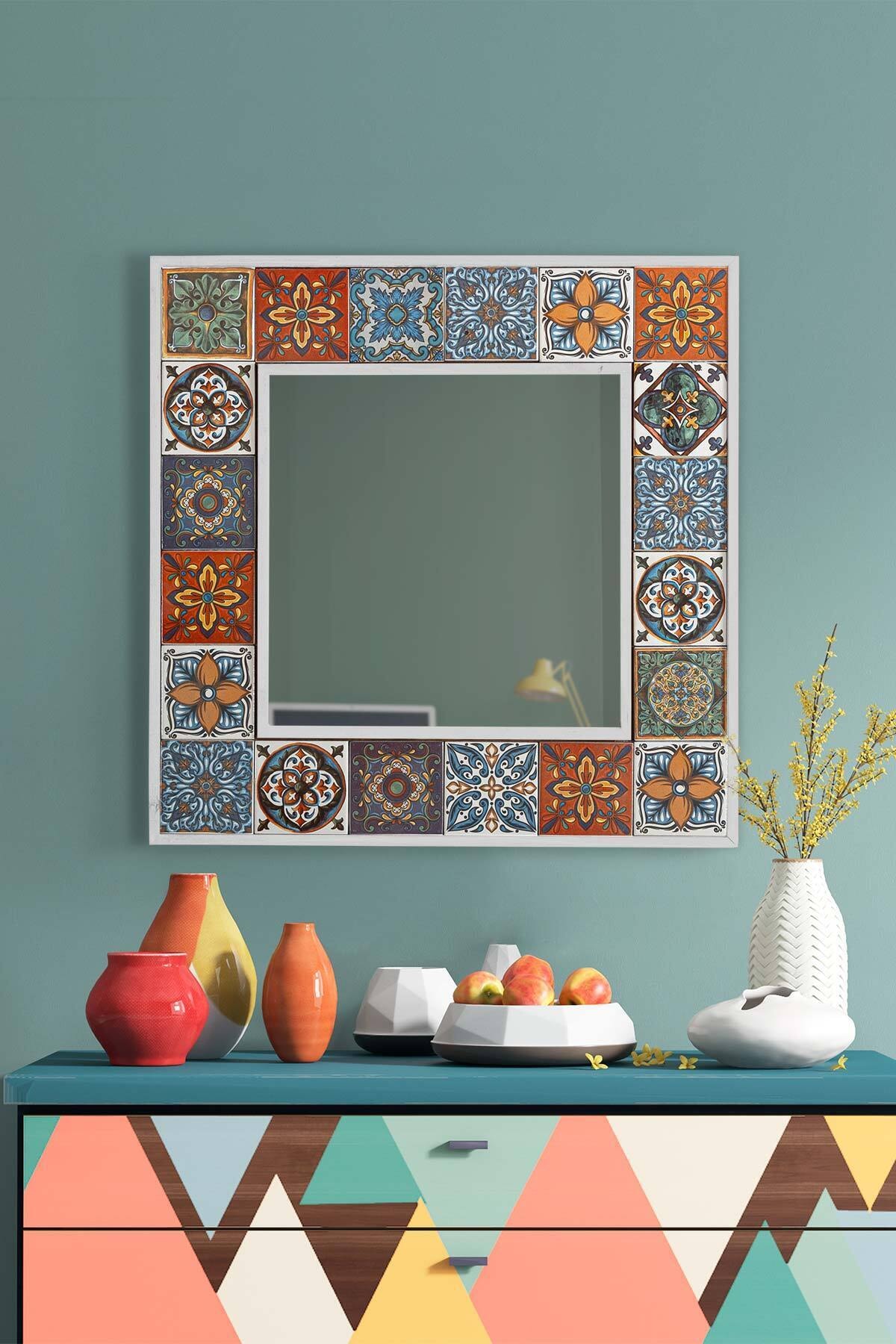 bluecape Doğal Ağaç 60x60 Cm Beyaz Çerçeve El Yapımı Çini Seramik Kaplı Salon Ofis Mutfak Duvar Boy Aynası
