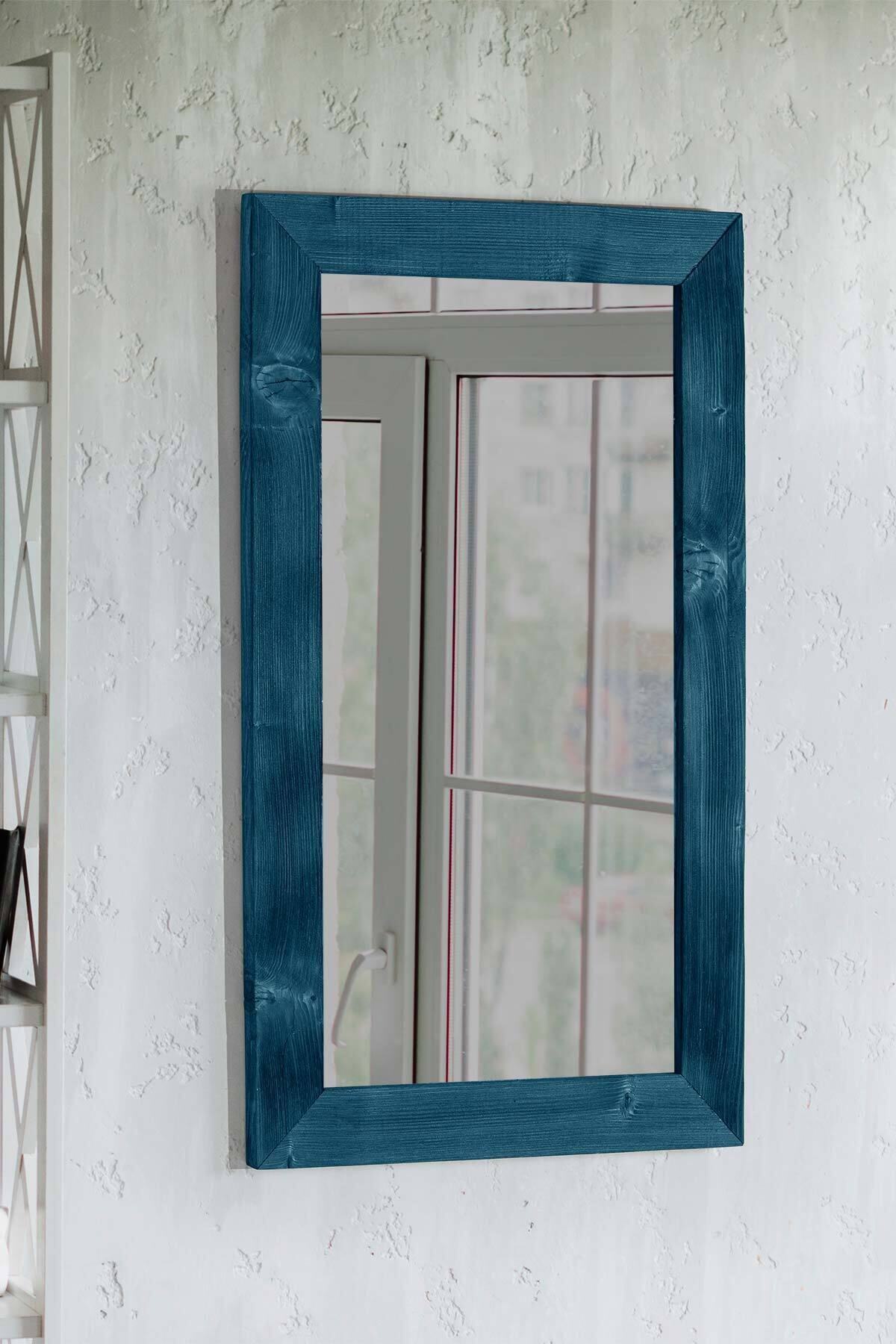 bluecape Doğal Ağaç Masif 58x98 Cm Dikdörtgen Mavi Salon Ofis Çocuk Odası Duvar Antre Konsol Boy Aynası
