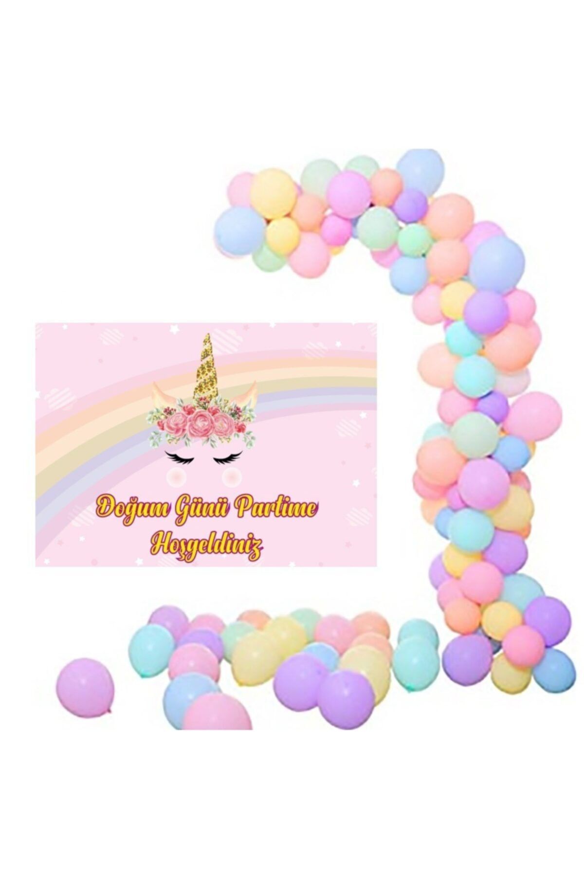 Parti Furyası Unicorn Makoron Balon Zincir Set 50x70 Cm Çiçekli Uınicorn Afiş