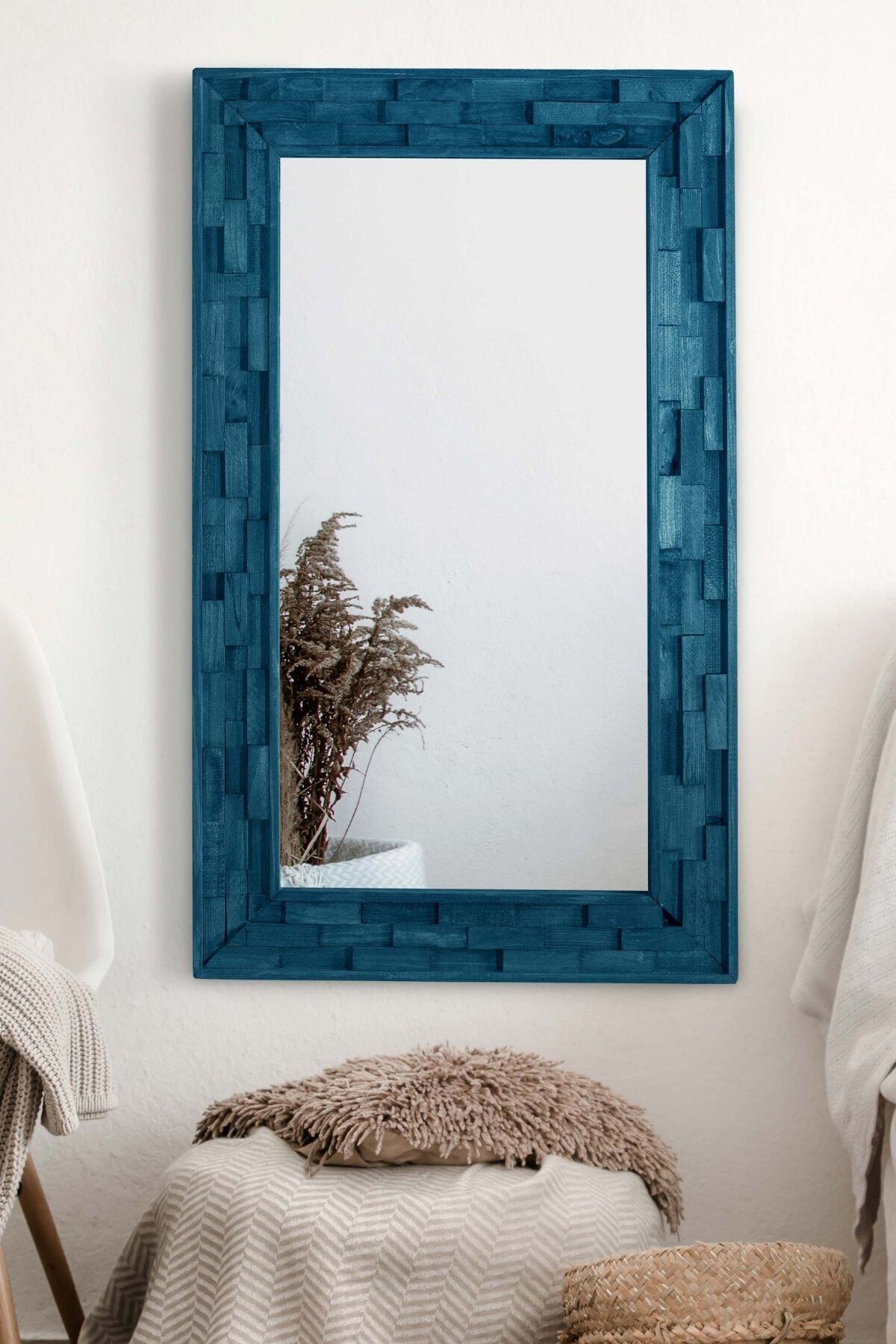 bluecape Doğal Ağaç Masif 58x98 Cm Jenga Mavi Tahta Parçacıklı Salon Ofis Mutfak Duvar Konsol Boy Aynası