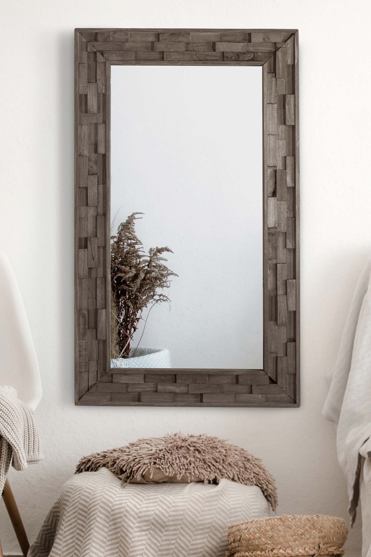bluecape Doğal Ağaç Masif 58x98 Cm Jenga Gri Tahta Parçacıklı Salon Ofis Mutfak Duvar Konsol Boy Aynası