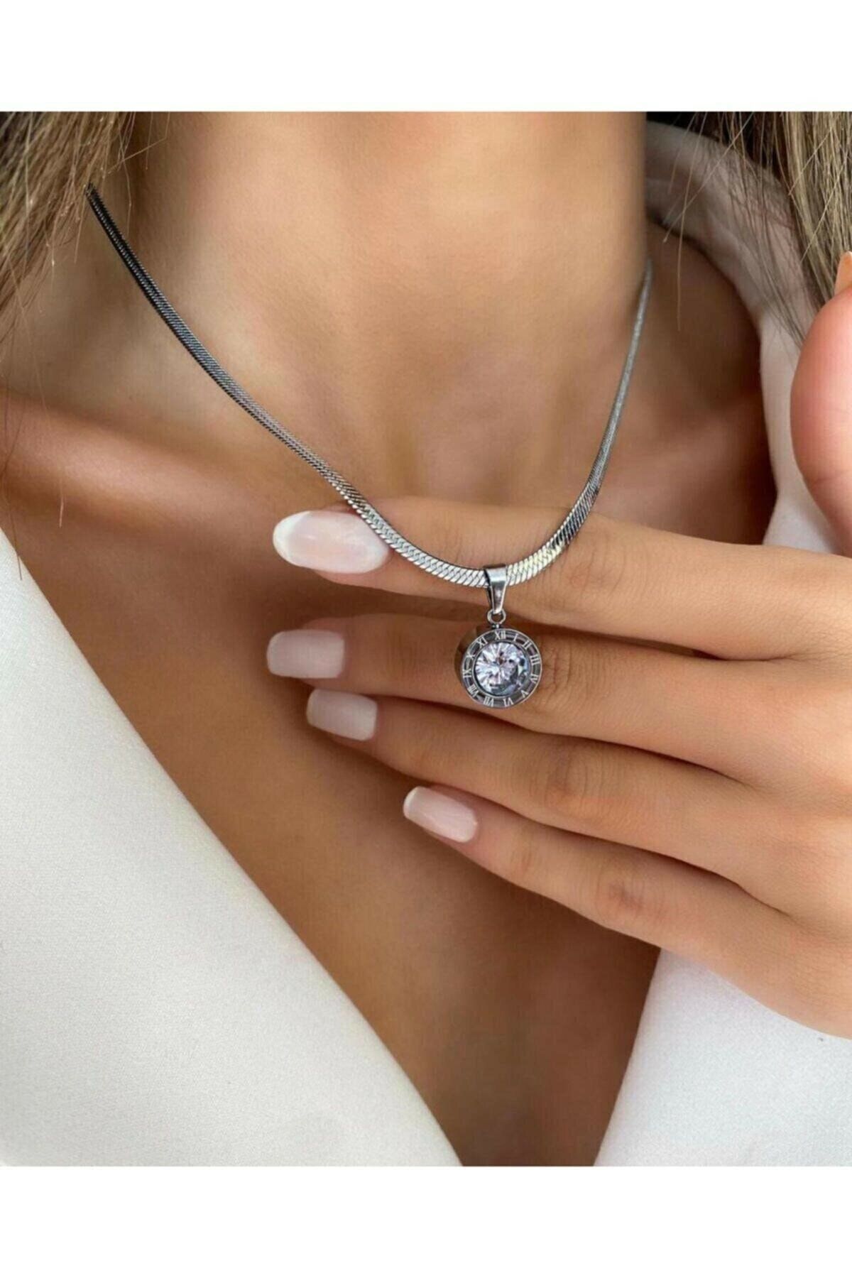 bymissnora Ezme Silver Taşlı Roma Rakamlı Çelik Kolye