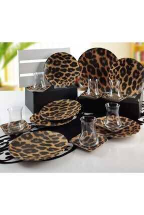 Leopar Desenli 19 Parça Pasta Servis Sunum Çay Seti Image 0