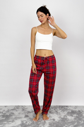 Kadın Pamuklu Ekose Desenli Pijama Altı Eşofman Kurdeleli Kırmızı Mavi Image 0