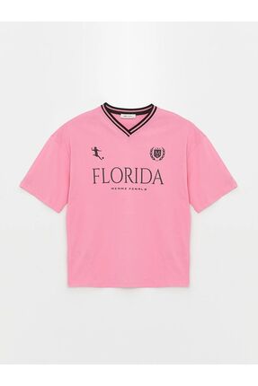 LCW Vision V Yaka Baskılı Kısa Kollu Oversize Kadın Tişört Image 3