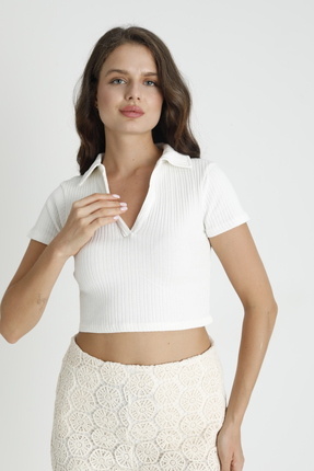 KADIN POLO YAKA CROP ,FİTİLLİ KAŞKORSE CROP T-SHIRT Image 0