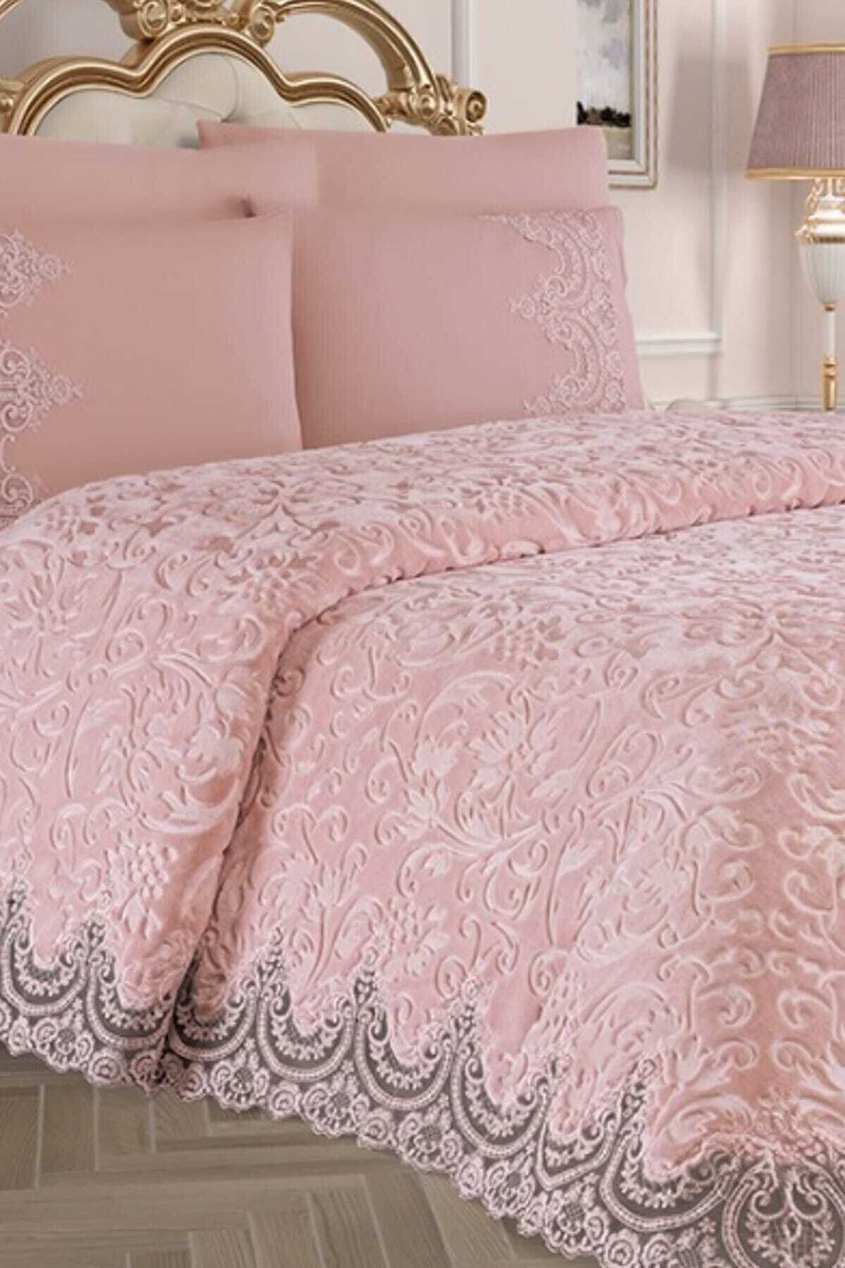 GOLDEN HOME Steel Home Collection Çift Kişilik Battaniye Seti Banu Güpürlü (Dantelli) Pudra
