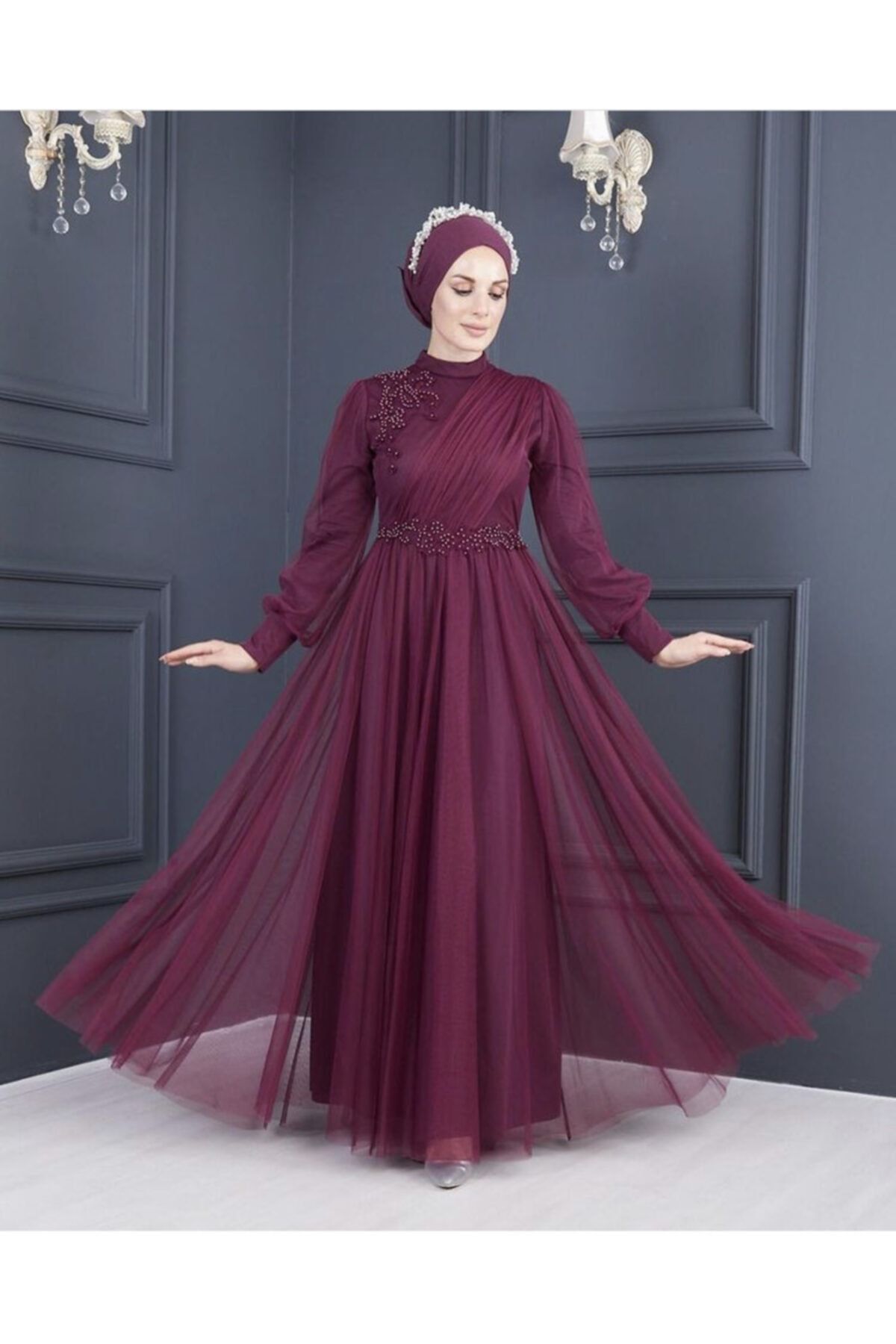 Moda Echer Tesettür Abiye Elbise Tül Kumaş Dantel Aksesuarlı 7652
