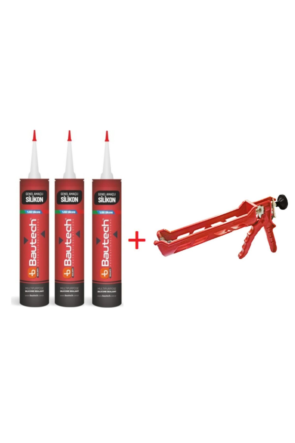 bautech Genel Amaçlı Silikon (3 Adet) + Silikon Tabancası (şeffaf 280 Gr)