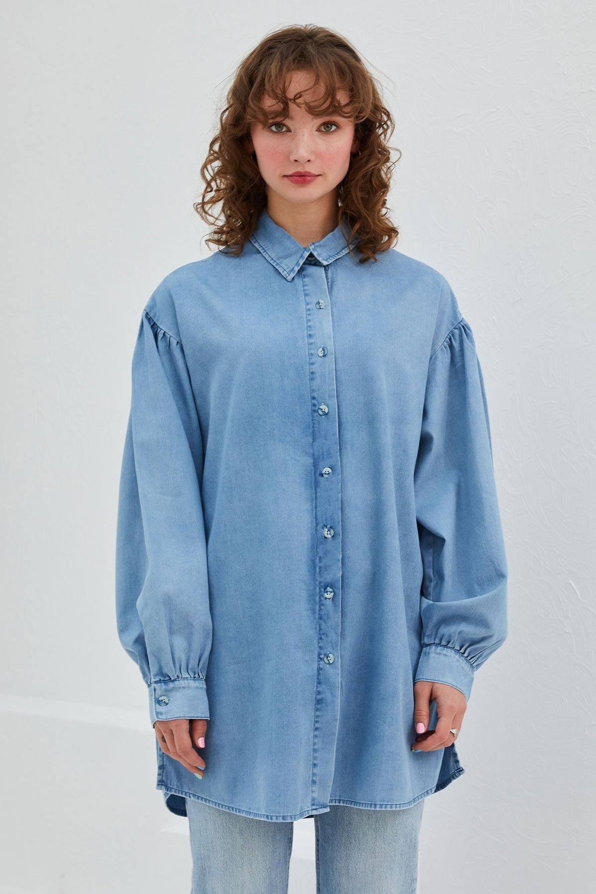 Hooopstore Balon Kol Denim Gömlek Açık Mavi