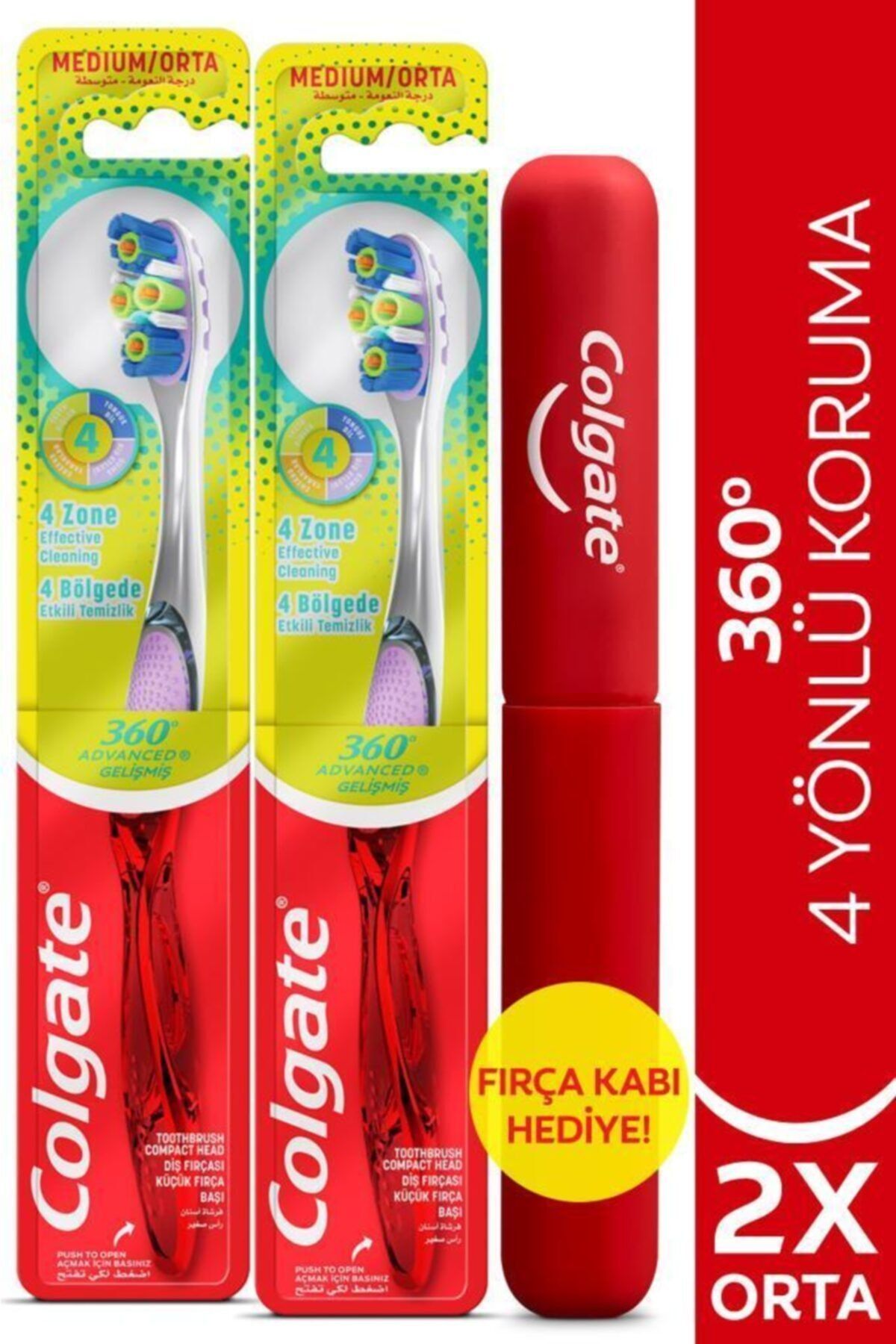 Colgate 360 Gelişmiş 4 Yönlü Koruma Orta Diş Fırçası X 2 Adet + Diş Fırçası Kabı Hediye