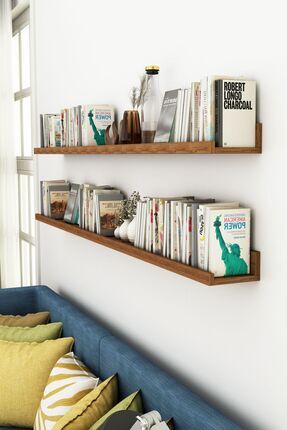 Açık Ceviz 2 Li 150cm Çam 15 cm Derinlik Büyük  Resim Çerçeve Rafı Duvar Kitaplık  Uçan Raf Image 0