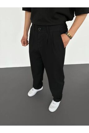 Baggy Pileli Siyah Renk Kumaş Pantolon Image 0