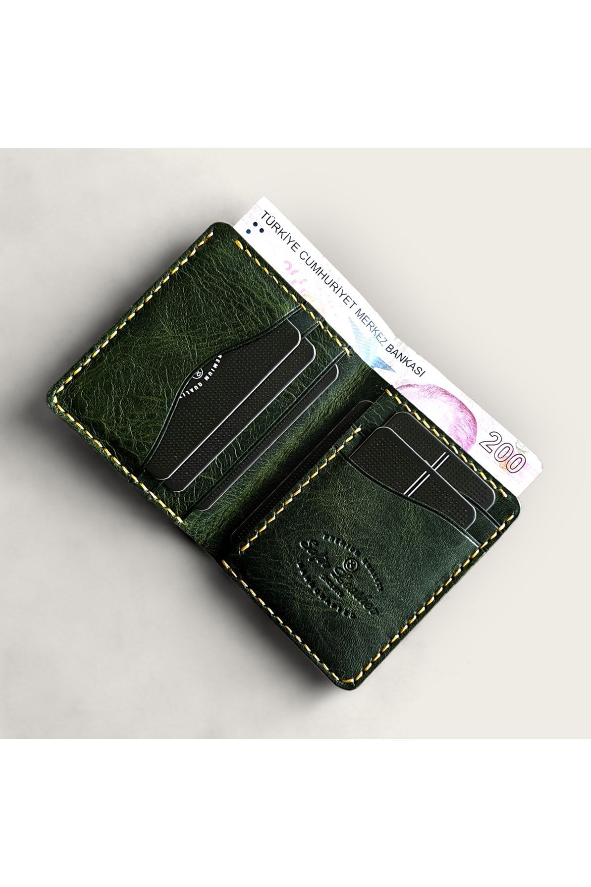 کیف پول چرمی واقعی رنگ سبز - 6 کارت و 1 محفظه نقدی - دست ساز ، شیک و بادوام