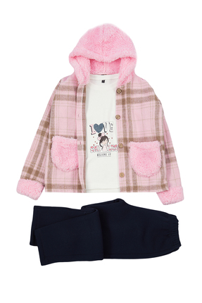 Pembe Kız Çocuk Ekose Desenli Ceket-Tshirt-Pantolon 3'lü Set Örme Alt-Üst Takım TKDAW25AU00031 Image 3
